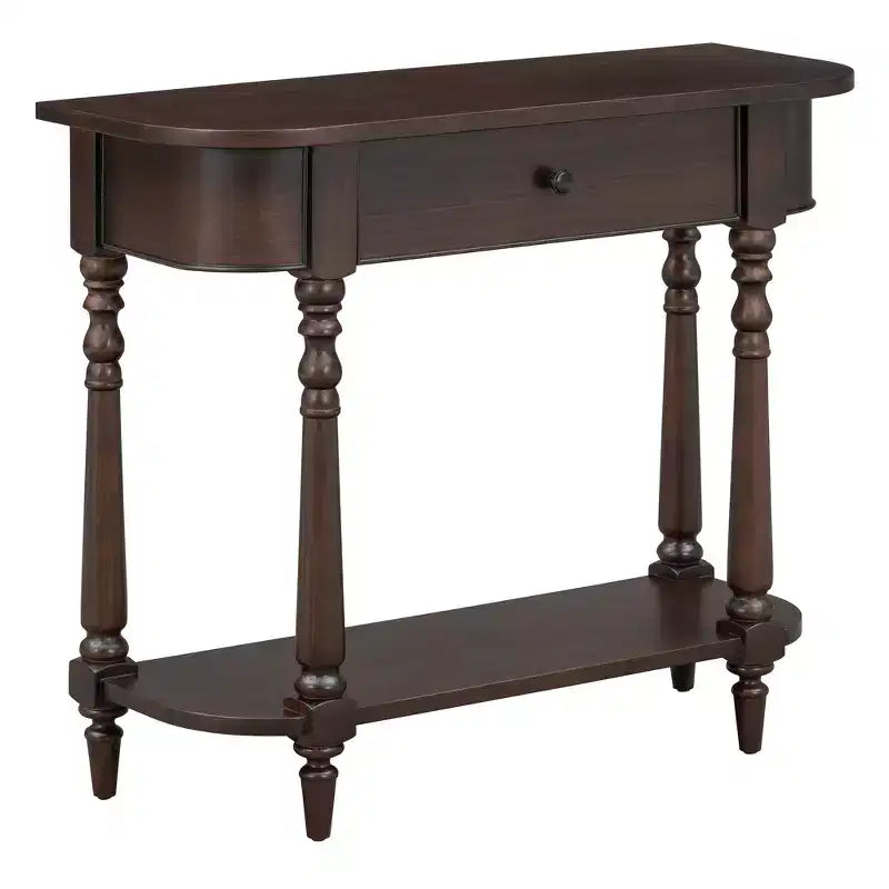 Retro Corner-Curved Console Table with Top Drawer and Open Shelf for Living Room and Entryway