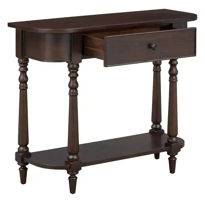 Retro Corner-Curved Console Table with Top Drawer and Open Shelf for Living Room and Entryway