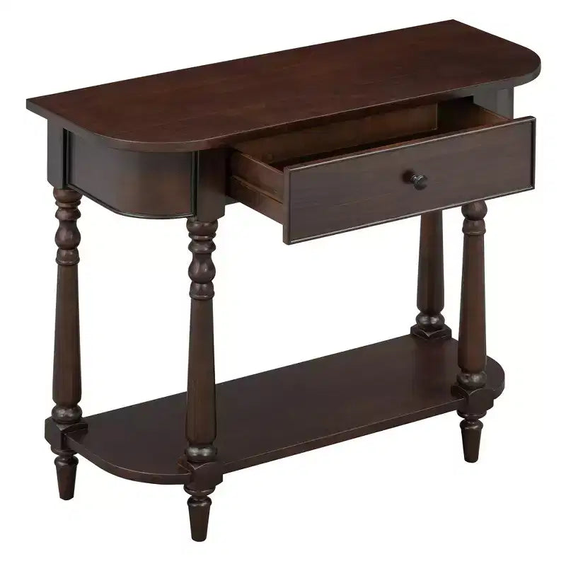 Retro Corner-Curved Console Table with Top Drawer and Open Shelf for Living Room and Entryway