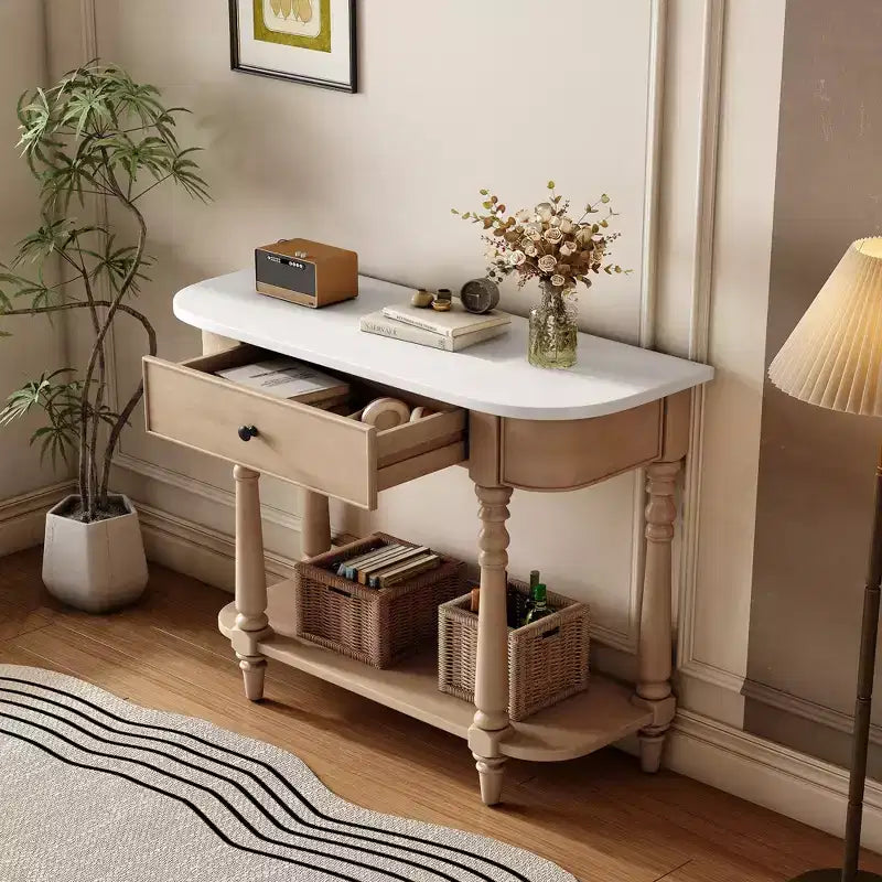 Retro Corner-Curved Console Table with Top Drawer and Open Shelf for Living Room and Entryway