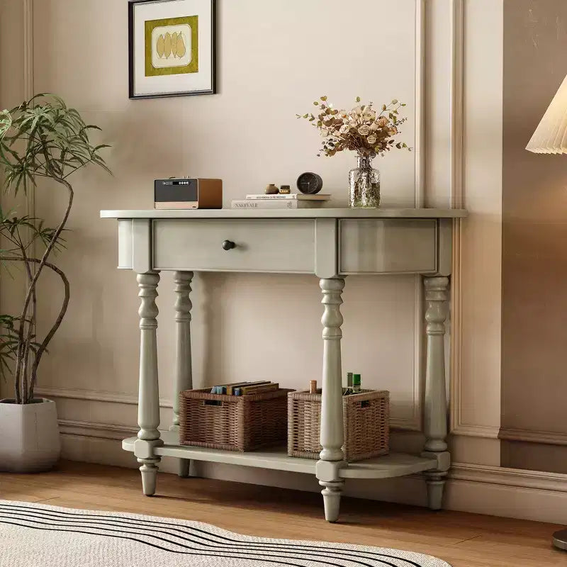 Retro Corner-Curved Console Table with Top Drawer and Open Shelf for Living Room and Entryway