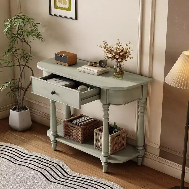 Retro Corner-Curved Console Table with Top Drawer and Open Shelf for Living Room and Entryway
