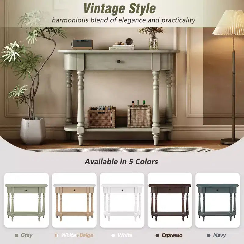 Retro Corner-Curved Console Table with Top Drawer and Open Shelf for Living Room and Entryway