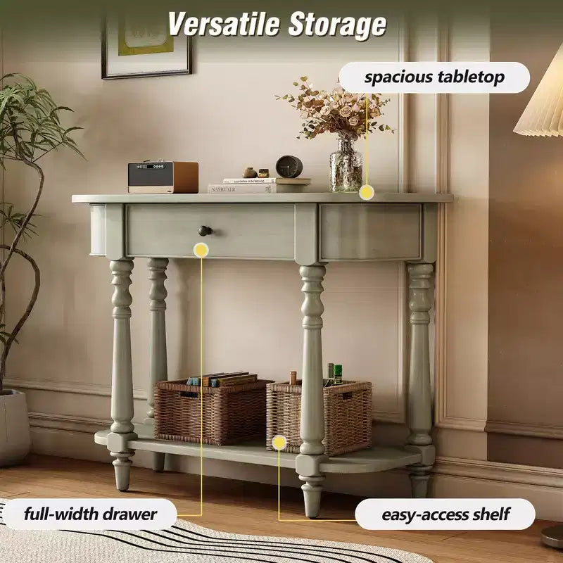 Retro Corner-Curved Console Table with Top Drawer and Open Shelf for Living Room and Entryway