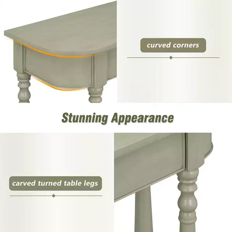 Retro Corner-Curved Console Table with Top Drawer and Open Shelf for Living Room and Entryway