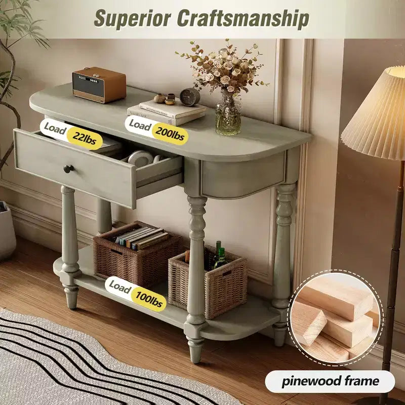 Retro Corner-Curved Console Table with Top Drawer and Open Shelf for Living Room and Entryway