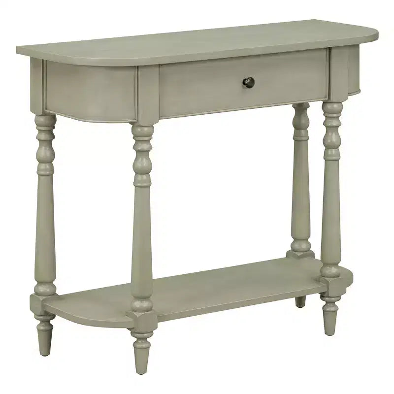 Retro Corner-Curved Console Table with Top Drawer and Open Shelf for Living Room and Entryway