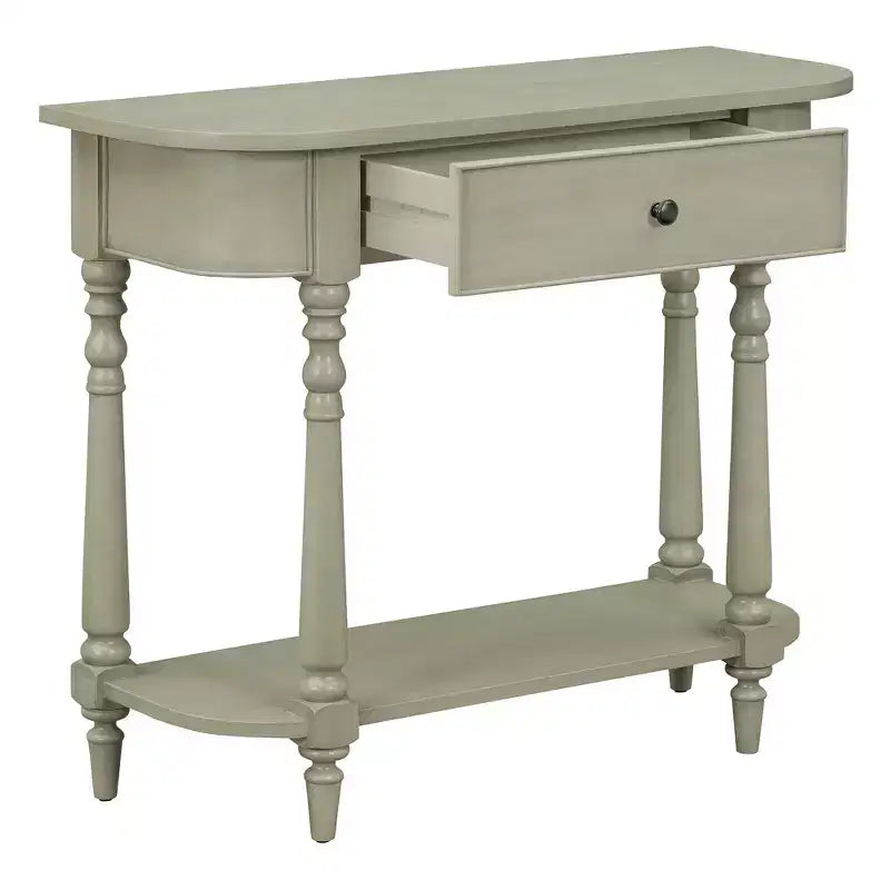Retro Corner-Curved Console Table with Top Drawer and Open Shelf for Living Room and Entryway