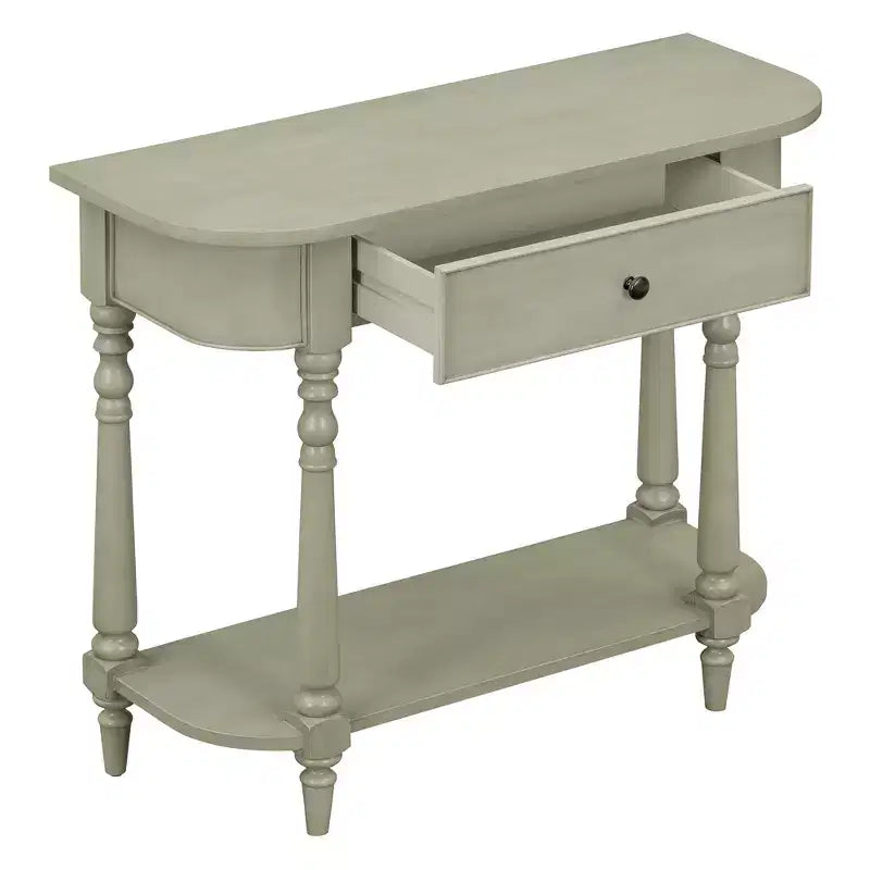 Retro Corner-Curved Console Table with Top Drawer and Open Shelf for Living Room and Entryway