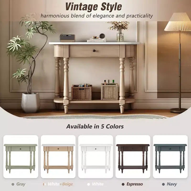 Retro Corner-Curved Console Table with Top Drawer and Open Shelf for Living Room and Entryway