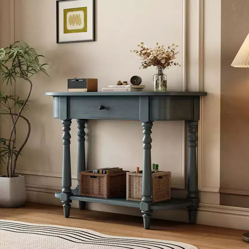 Retro Corner-Curved Console Table with Top Drawer and Open Shelf for Living Room and Entryway
