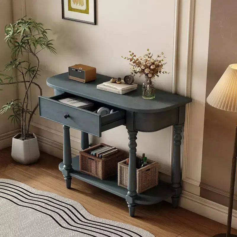 Retro Corner-Curved Console Table with Top Drawer and Open Shelf for Living Room and Entryway