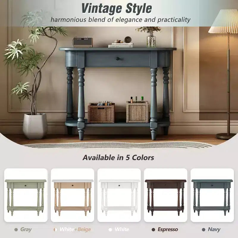 Retro Corner-Curved Console Table with Top Drawer and Open Shelf for Living Room and Entryway