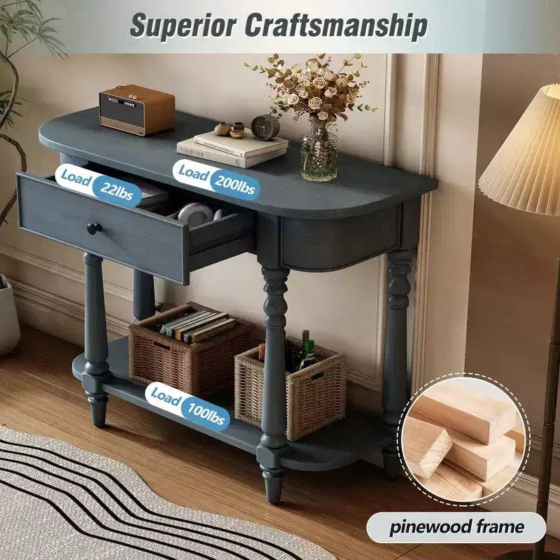 Retro Corner-Curved Console Table with Top Drawer and Open Shelf for Living Room and Entryway