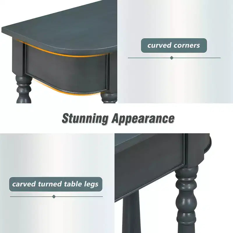 Retro Corner-Curved Console Table with Top Drawer and Open Shelf for Living Room and Entryway