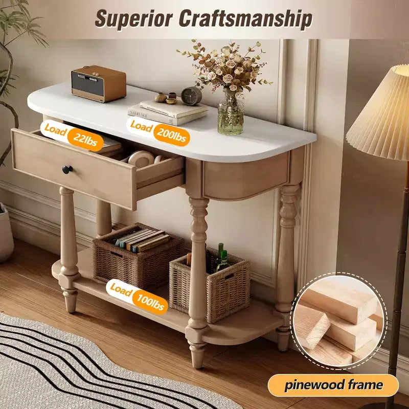 Retro Corner-Curved Console Table with Top Drawer and Open Shelf for Living Room and Entryway