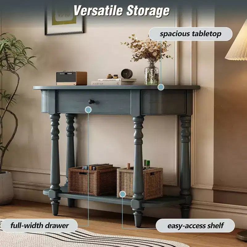 Retro Corner-Curved Console Table with Top Drawer and Open Shelf for Living Room and Entryway