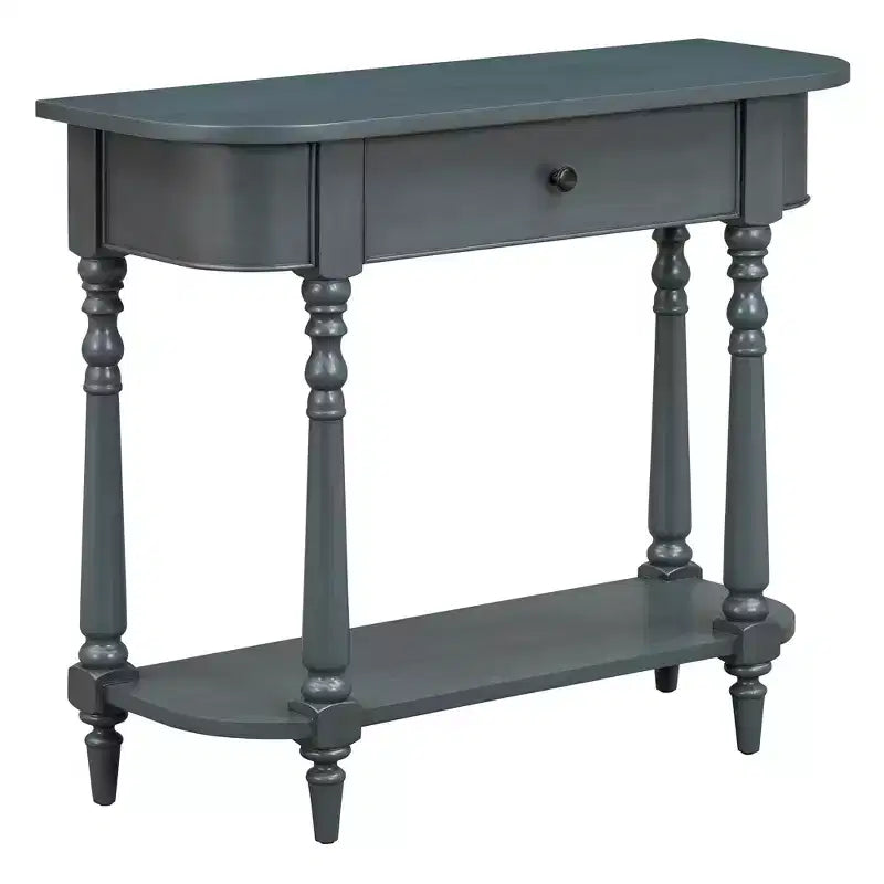 Retro Corner-Curved Console Table with Top Drawer and Open Shelf for Living Room and Entryway