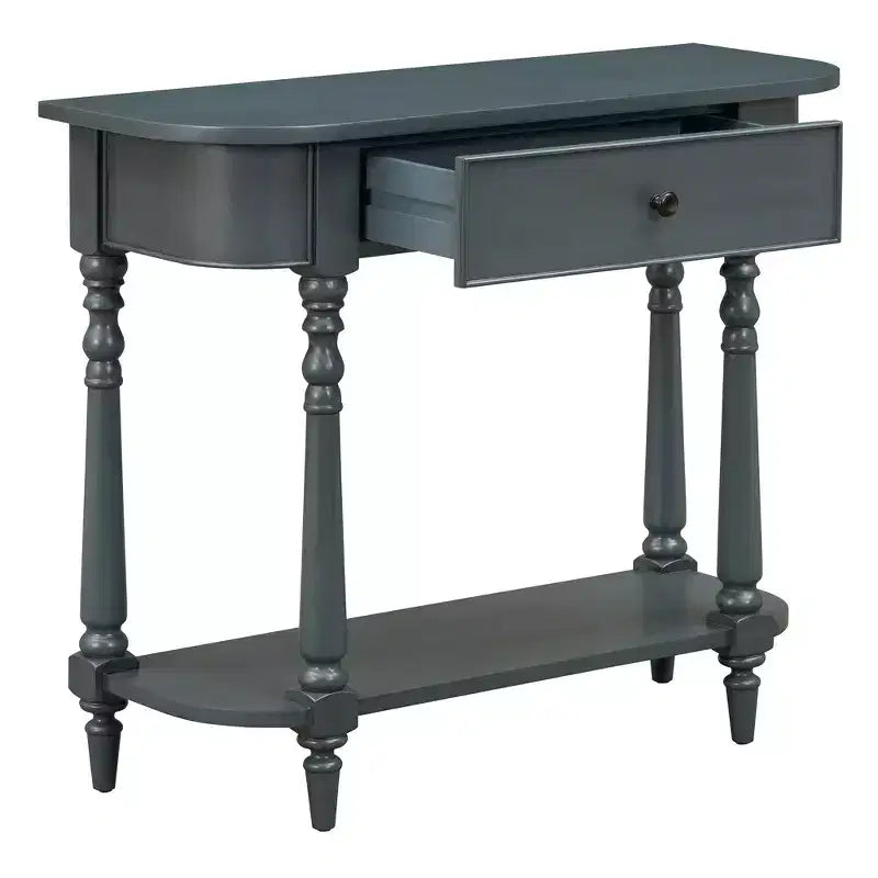 Retro Corner-Curved Console Table with Top Drawer and Open Shelf for Living Room and Entryway
