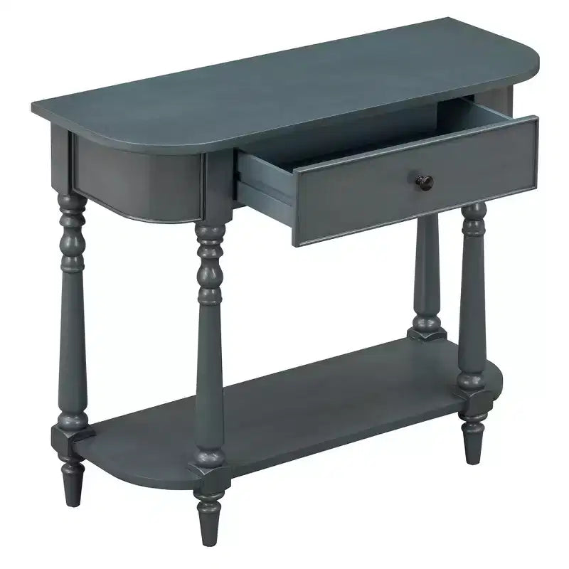 Retro Corner-Curved Console Table with Top Drawer and Open Shelf for Living Room and Entryway