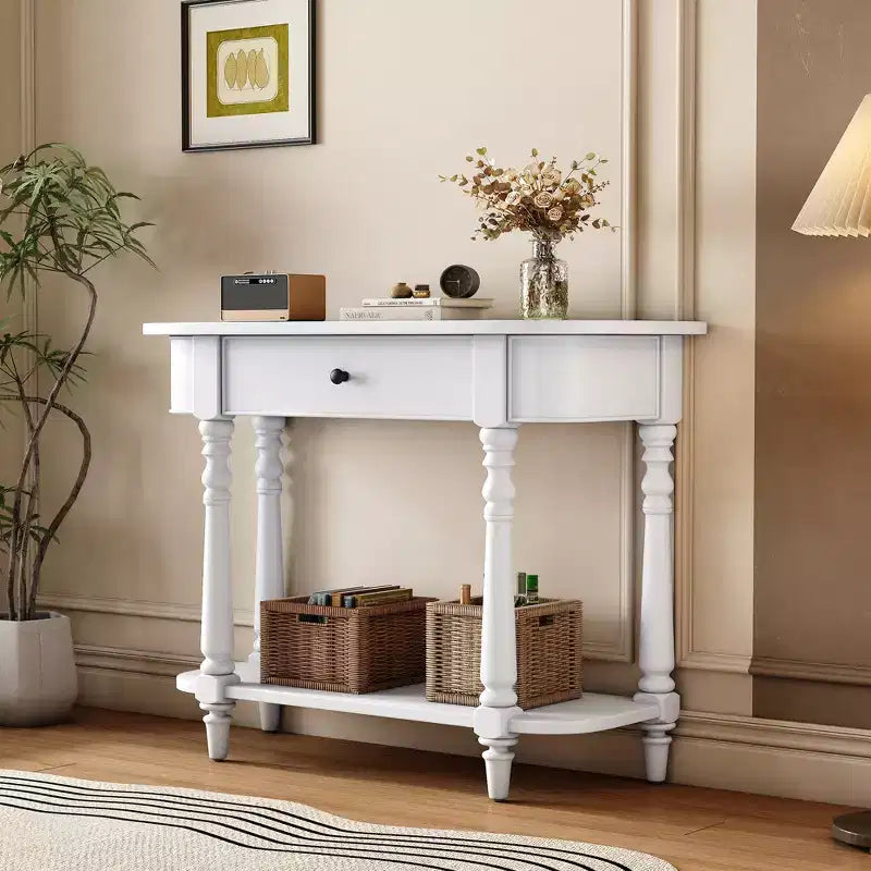 Retro Corner-Curved Console Table with Top Drawer and Open Shelf for Living Room and Entryway