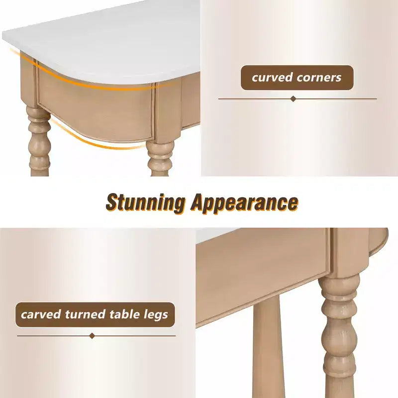 Retro Corner-Curved Console Table with Top Drawer and Open Shelf for Living Room and Entryway
