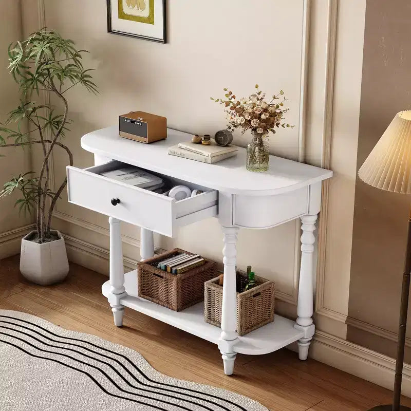 Retro Corner-Curved Console Table with Top Drawer and Open Shelf for Living Room and Entryway