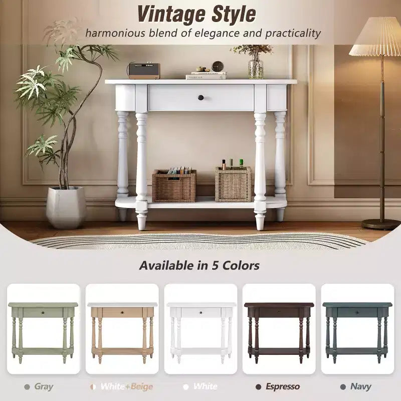 Retro Corner-Curved Console Table with Top Drawer and Open Shelf for Living Room and Entryway