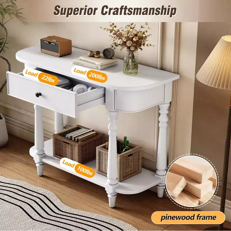 Retro Corner-Curved Console Table with Top Drawer and Open Shelf for Living Room and Entryway