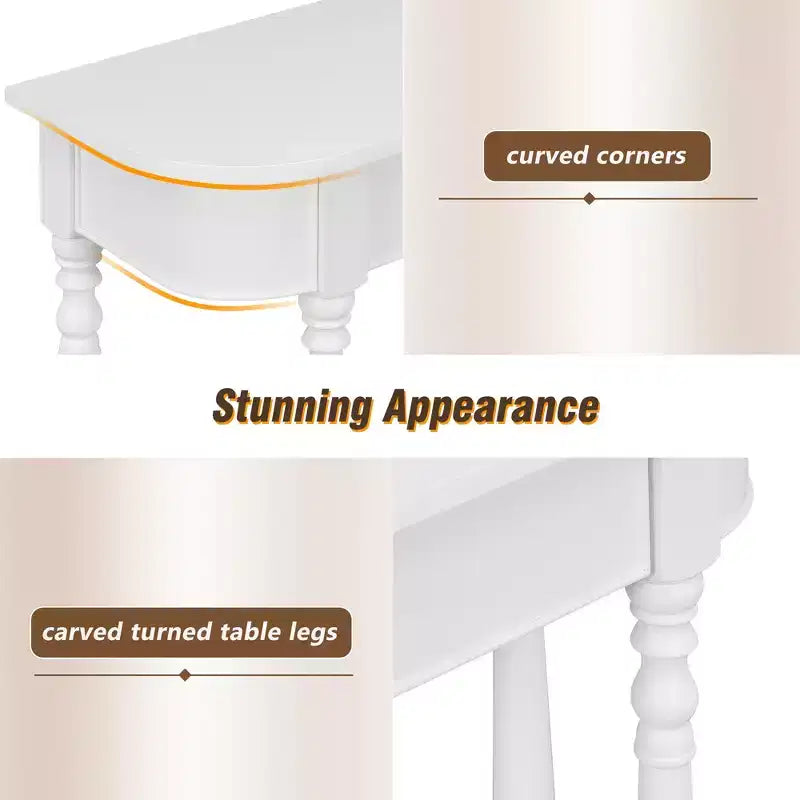 Retro Corner-Curved Console Table with Top Drawer and Open Shelf for Living Room and Entryway