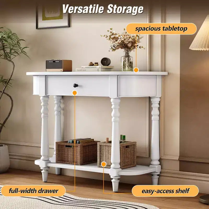 Retro Corner-Curved Console Table with Top Drawer and Open Shelf for Living Room and Entryway