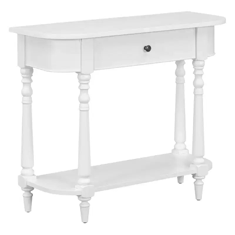 Retro Corner-Curved Console Table with Top Drawer and Open Shelf for Living Room and Entryway