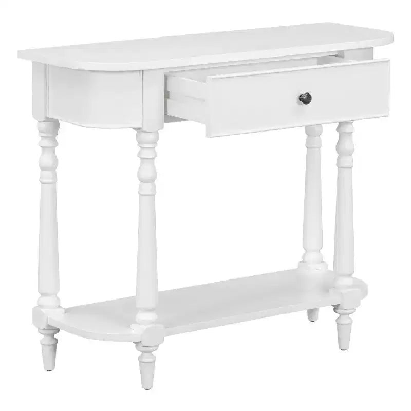 Retro Corner-Curved Console Table with Top Drawer and Open Shelf for Living Room and Entryway