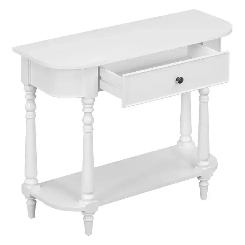 Retro Corner-Curved Console Table with Top Drawer and Open Shelf for Living Room and Entryway