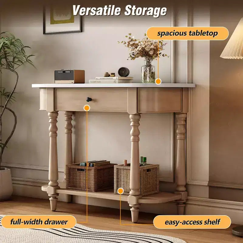 Retro Corner-Curved Console Table with Top Drawer and Open Shelf for Living Room and Entryway