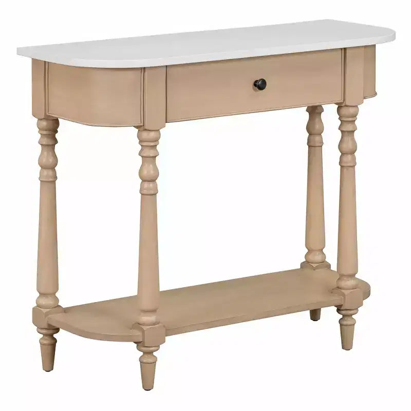 Retro Corner-Curved Console Table with Top Drawer and Open Shelf for Living Room and Entryway
