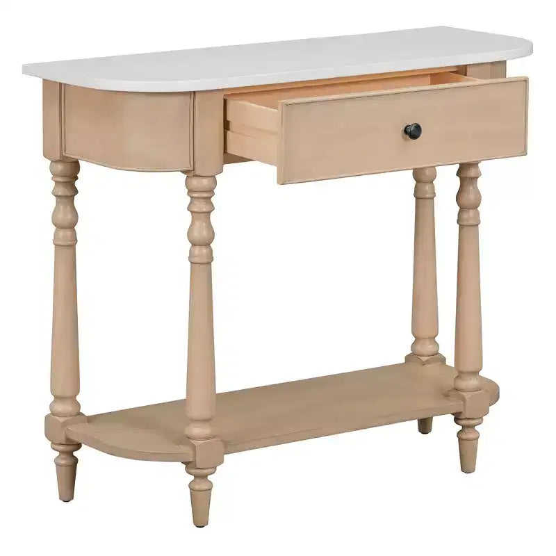 Retro Corner-Curved Console Table with Top Drawer and Open Shelf for Living Room and Entryway
