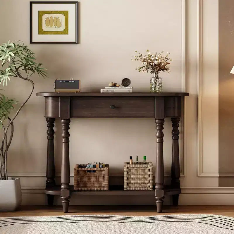Retro Corner-Curved Console Table with Top Drawer and Open Shelf for Living Room and Entryway