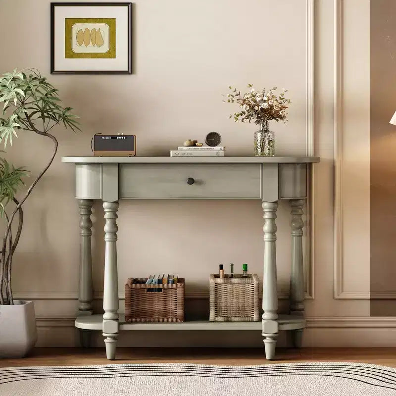 Retro Corner-Curved Console Table with Top Drawer and Open Shelf for Living Room and Entryway