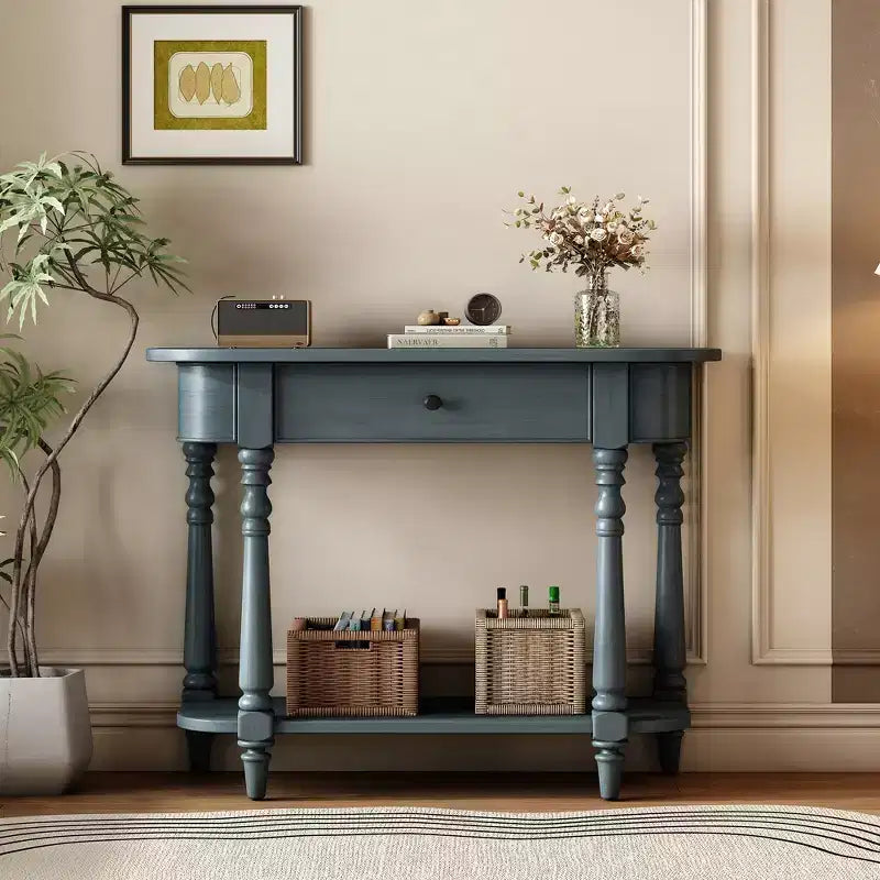 Retro Corner-Curved Console Table with Top Drawer and Open Shelf for Living Room and Entryway
