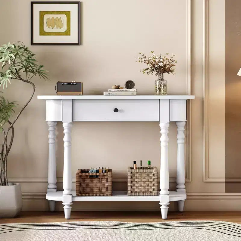 Retro Corner-Curved Console Table with Top Drawer and Open Shelf for Living Room and Entryway