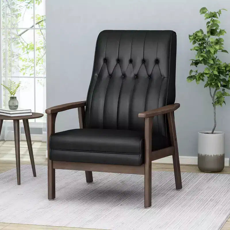 Mid Century Faux Leather Upholstered Accent Chair, Modern High Back Armchair, Leisure Wood Club Chair