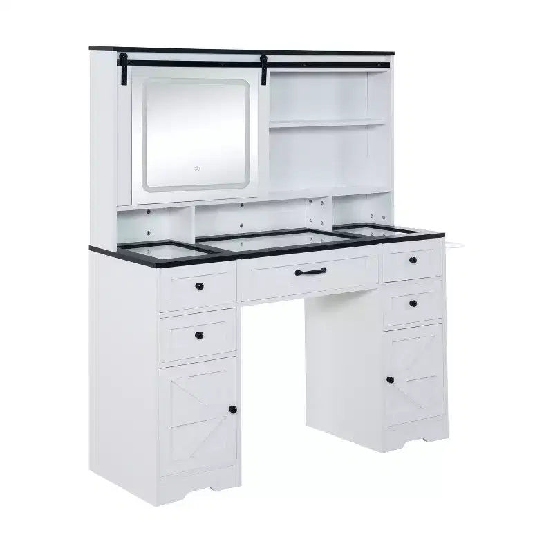 Vanity Desk with Adjustable Sliding Mirror and Lights in White