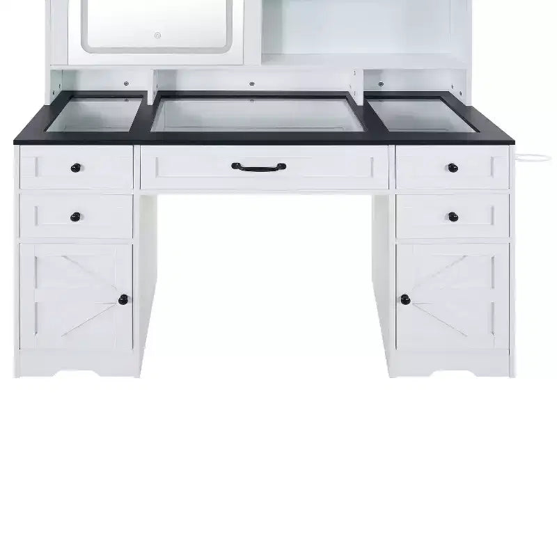 Vanity Desk with Adjustable Sliding Mirror and Lights in White