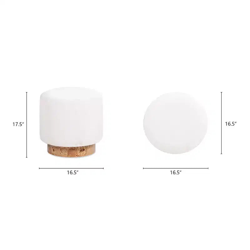 Round Fur Upholstered & Burl Pouf Ottoman – White Faux Fur