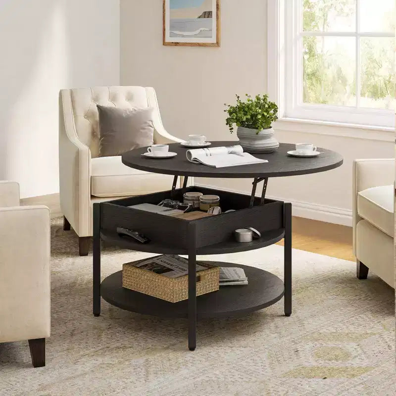 Lift Top Coffee Table with Hidden Compartment and Storage Shelves