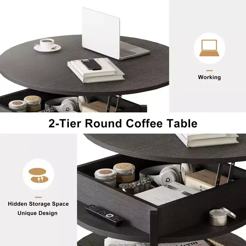 Lift Top Coffee Table with Hidden Compartment and Storage Shelves