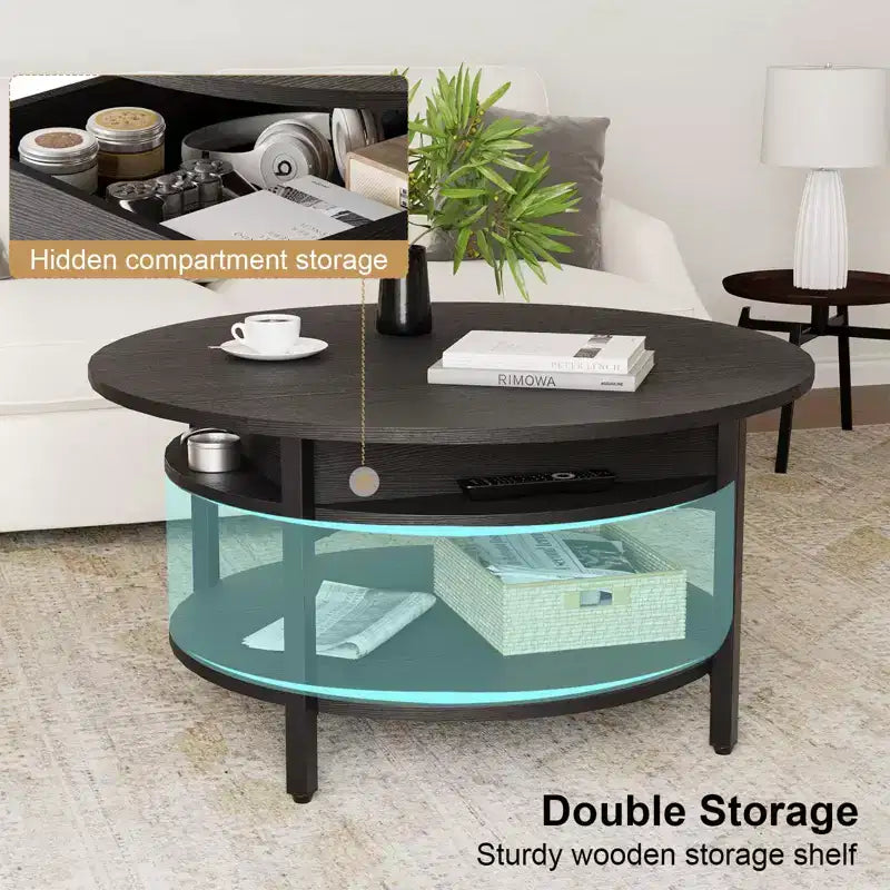 Lift Top Coffee Table with Hidden Compartment and Storage Shelves