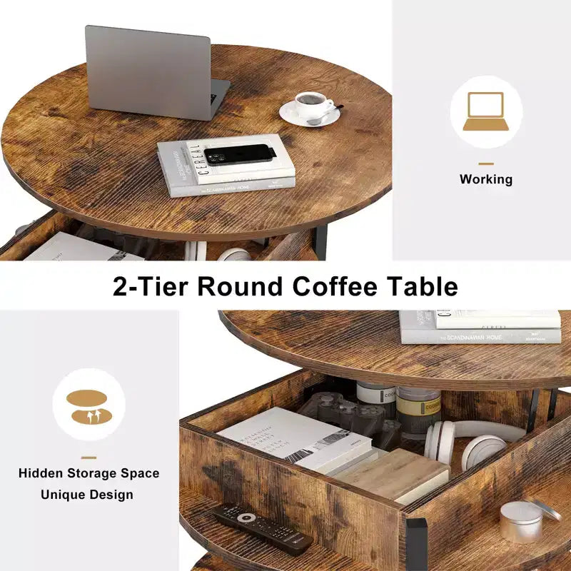 Lift Top Coffee Table with Hidden Compartment and Storage Shelves