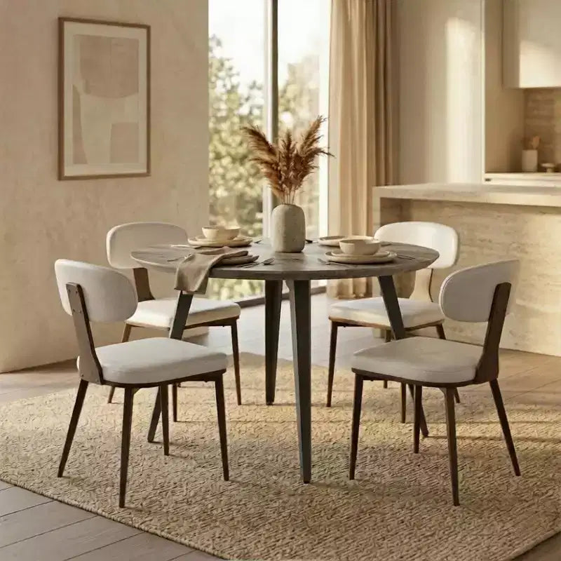 47-inch Round Wood Dining Table, 4 Person, Modern Black Metal Tapered Legs